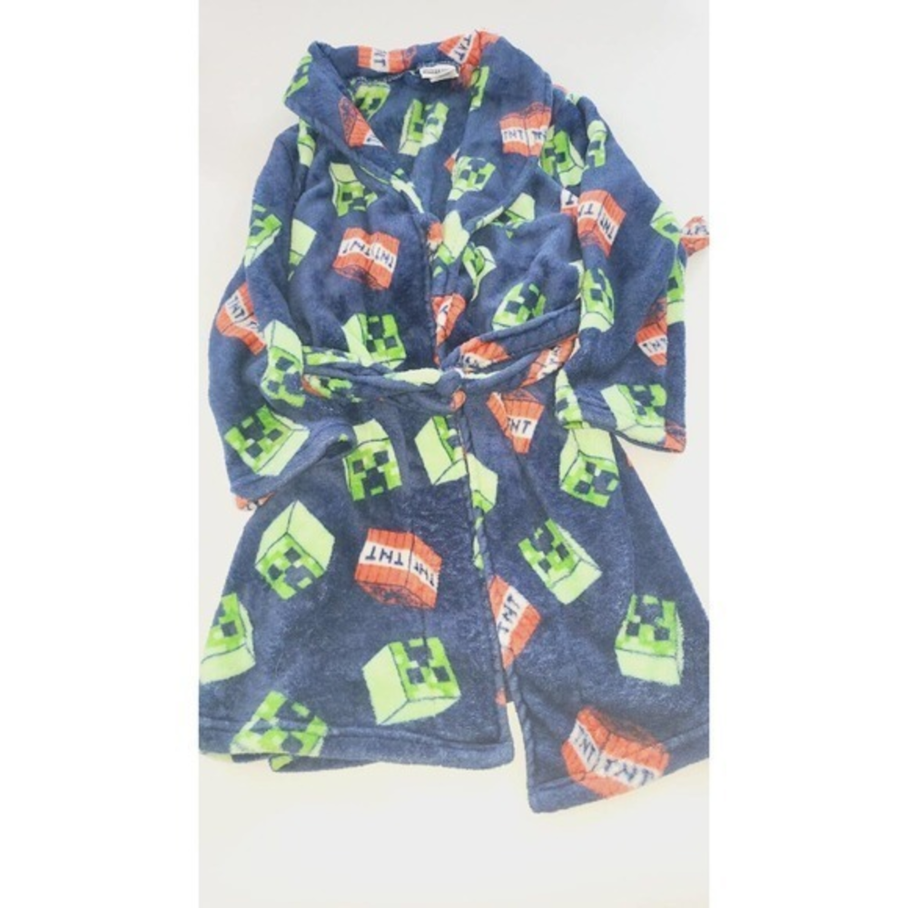 Minecraft Boys Plush Fleece Robe Navy Blue Creeper TNT Size S/P 8-10 Bathrobe